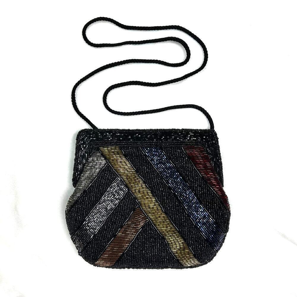 Vintage Beaded Evening Bag Black Rainbow Shoulder Purse Garfinckel's Pocketbook